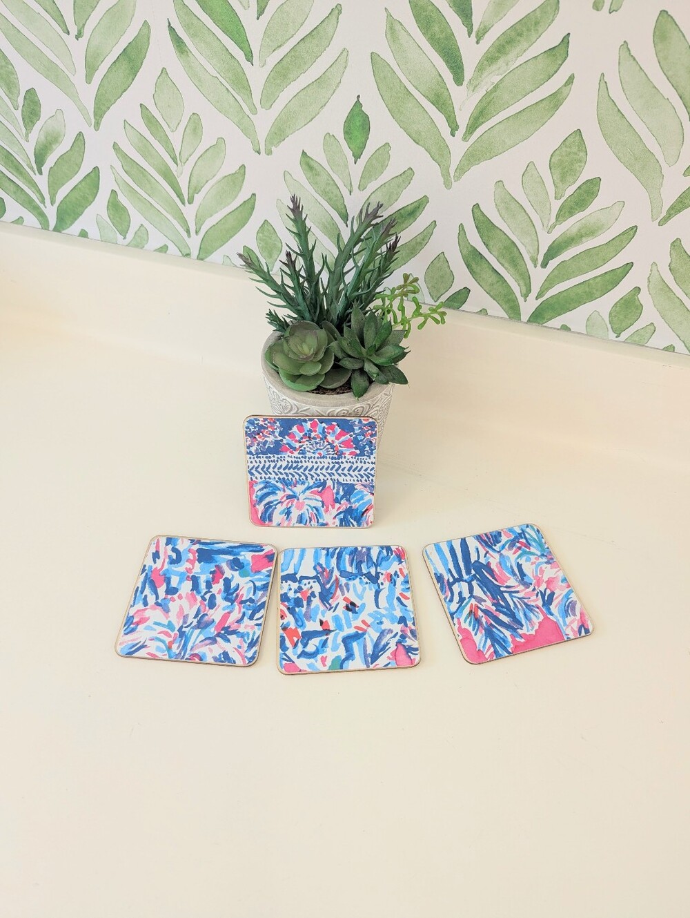 Set Of 4 Handmade Coasters Preppy Coastal Cottage Beachy Entertaining Hostess